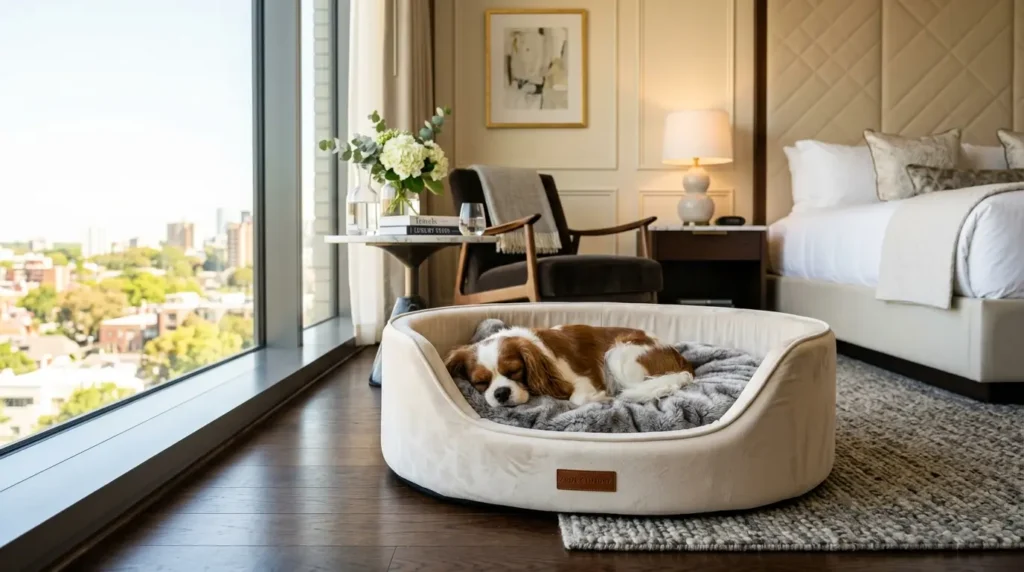 Cachorro relaxando em cama luxuosa em Hotéis e Resorts que Permitem Pets