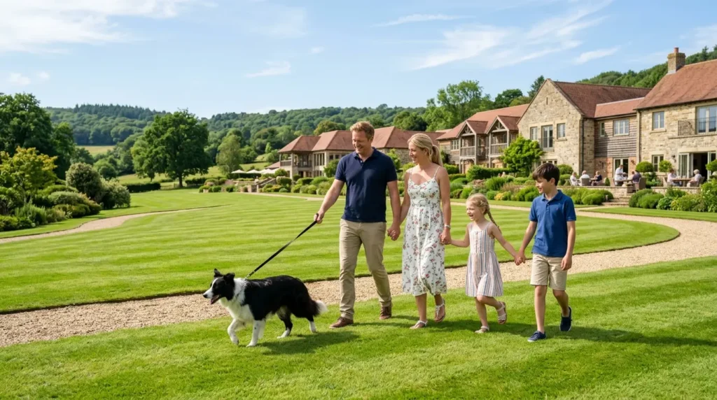 Família passeando com cachorro nos gramados de Hotéis e Resorts que Permitem Pets