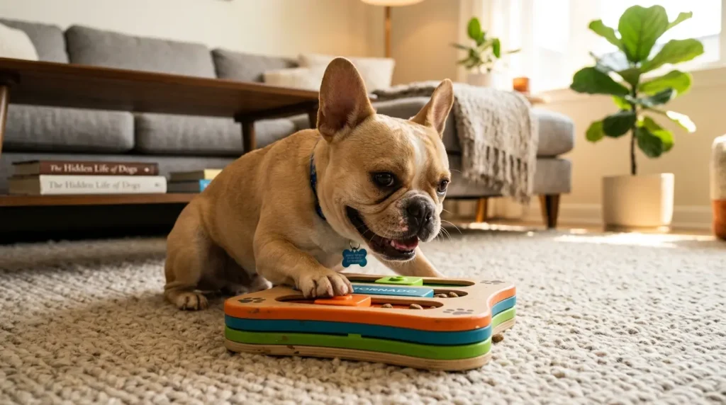 Buldogue Francês brincando com brinquedo interativo anti-estresse para cachorro em apartamento