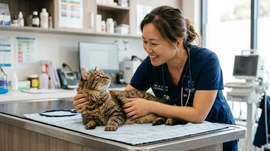 Veterinária realizando exames de cuidados preventivos em um pet