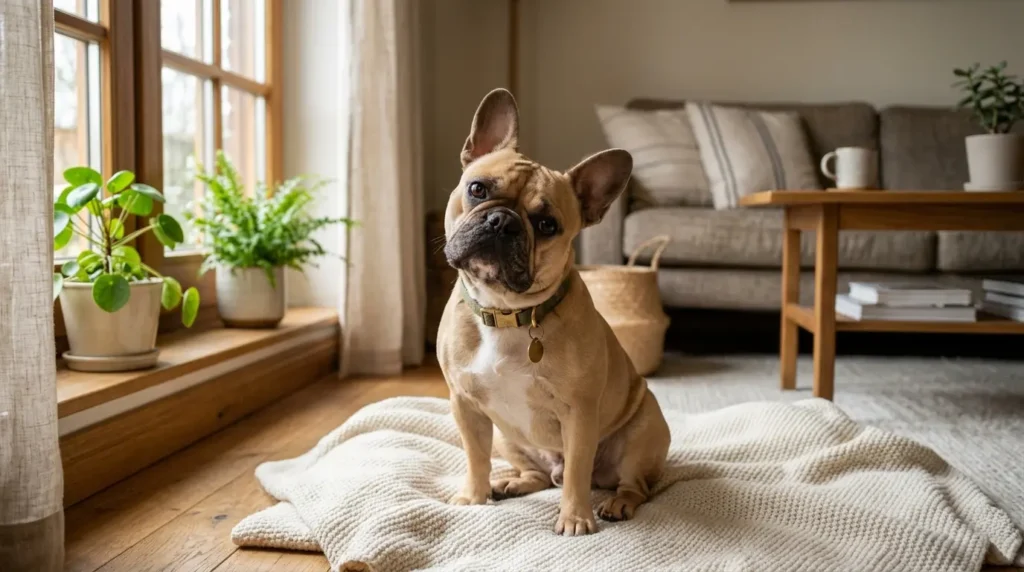 Bulldog francês fêmea curiosa aguardando a escolha do seu novo nome