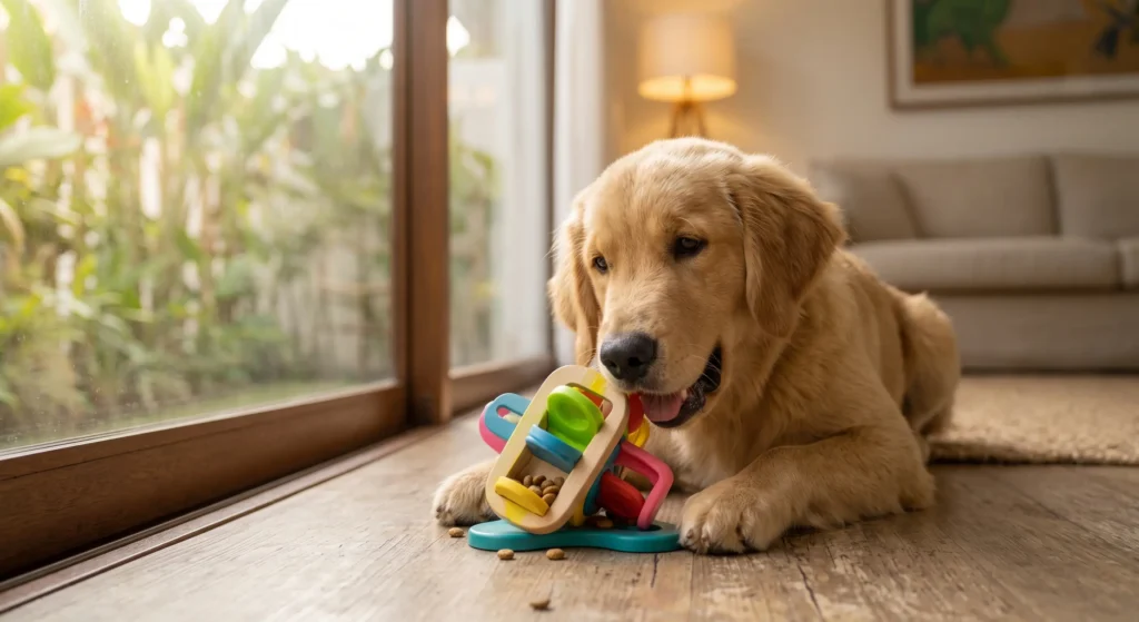 Cão se divertindo com brinquedo de enriquecimento ambiental para diminuir o latido