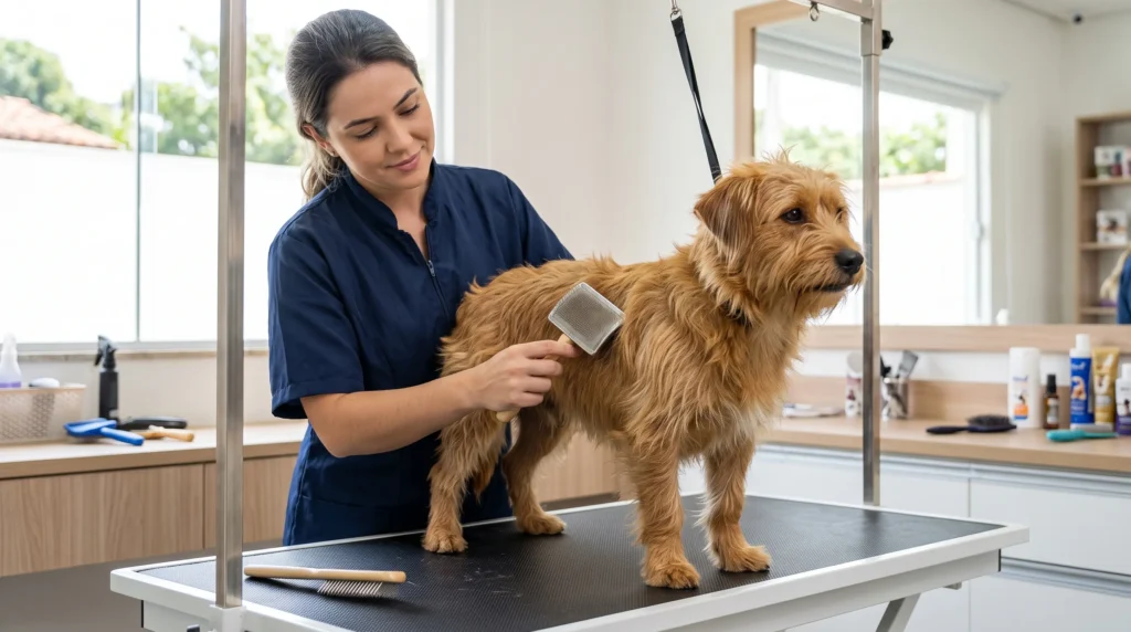 Escovação de cachorro fiapo de manga com rasqueadeira em um pet shop