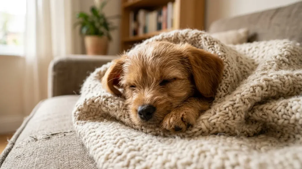 Filhote de cachorro fofo dormindo e aprendendo o nome