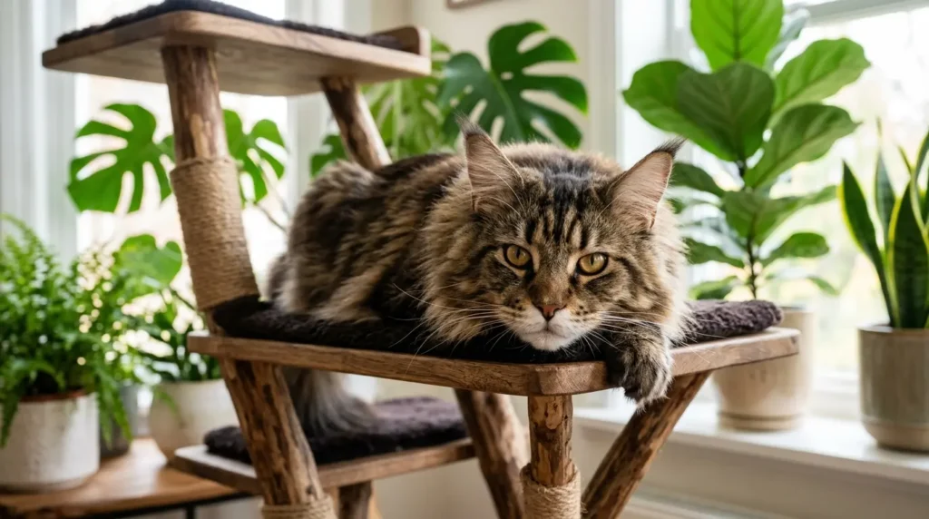 Gato Maine Coon da raça de gatos gigantes descansando em arranhador