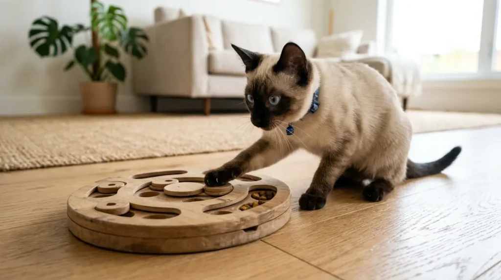 Gato siamês interativo brincando com brinquedo de madeira