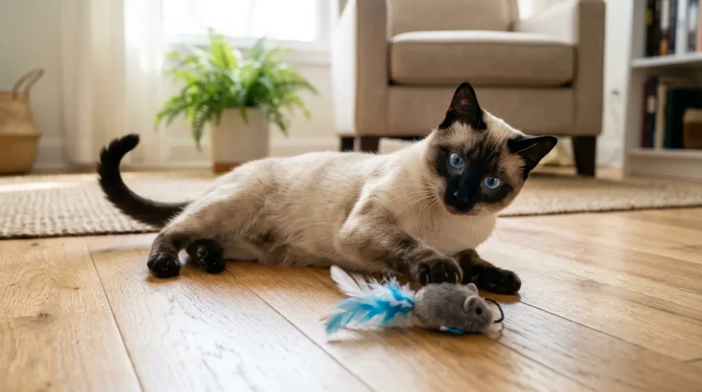 Gato Siamês elegante com olhos azuis em destaque representando raça de gatos populares