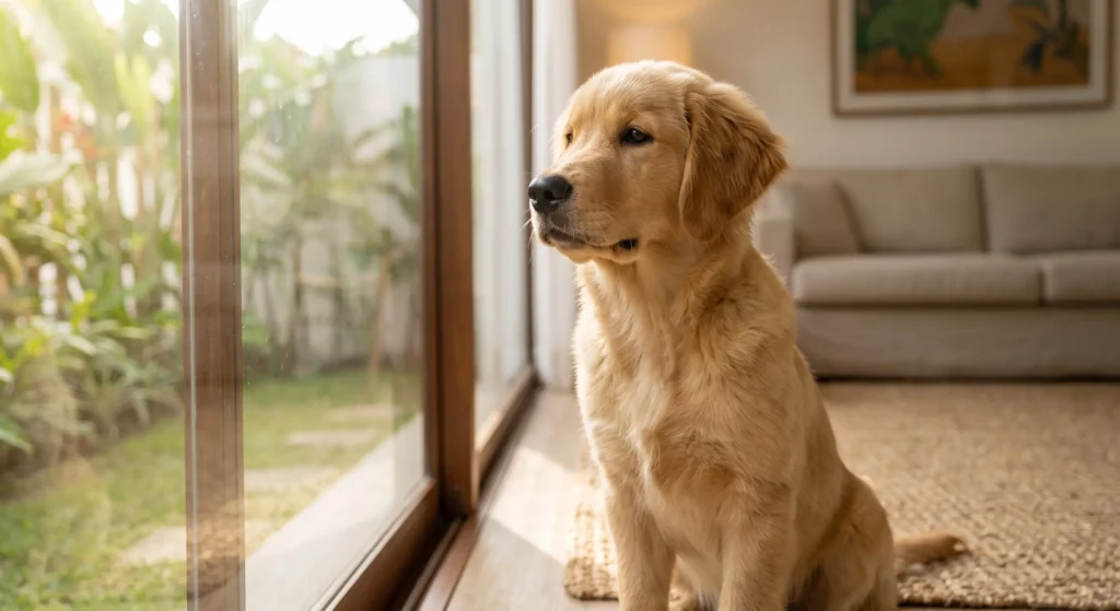 Cão atento próximo à porta de casa demonstrando latido de alerta