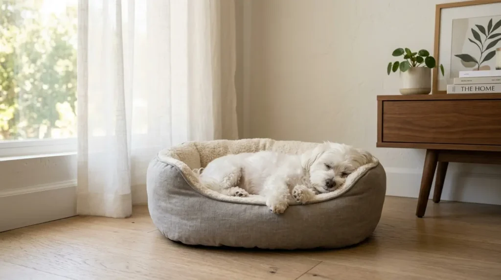 Cachorro pequeno raça Maltês descansando em cama pet dentro de apartamento