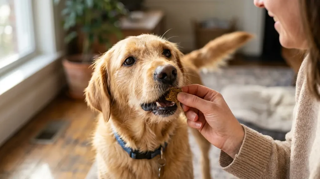 Cão aceitando tablet mastigável saboroso estilo NexGard