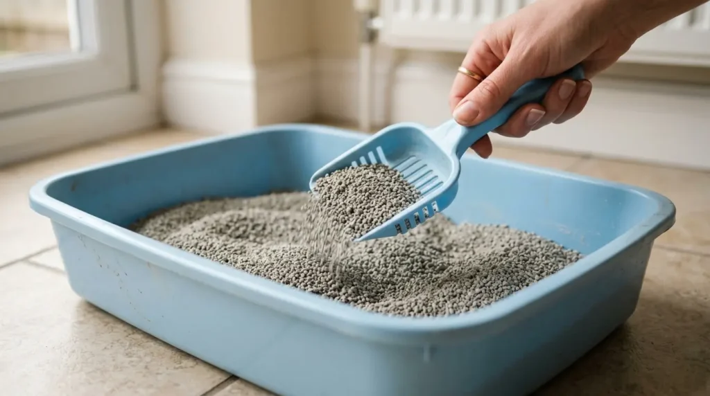 Pá higiênica limpando a areia para gatos dentro da bandeja sanitária
