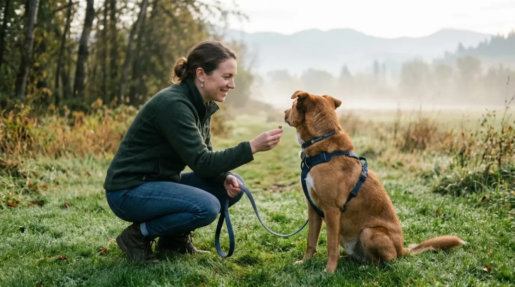 tutor treinando cachorro reativo com reforço positivo no parque