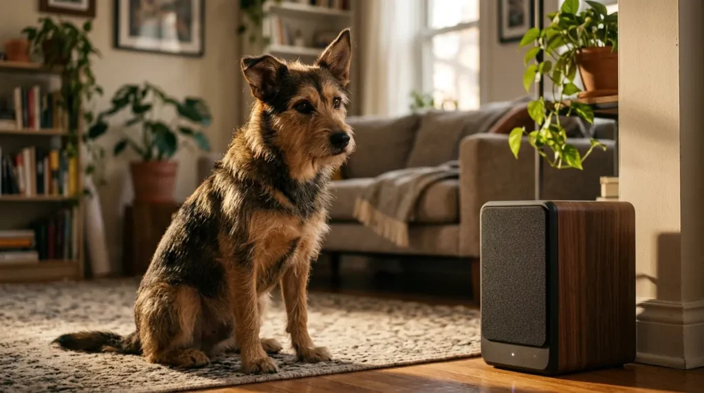 Cachorro escutando som da caixa de música