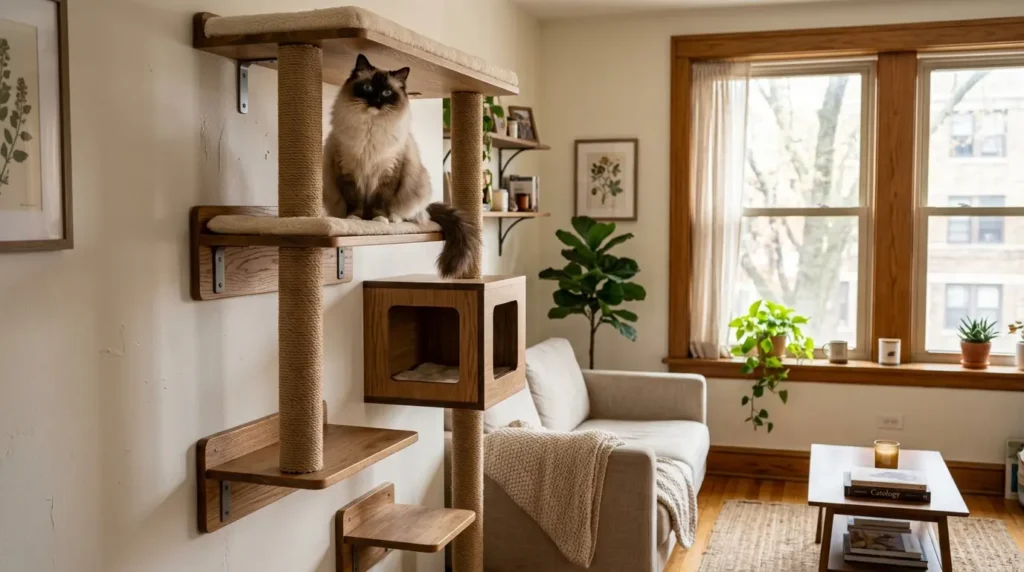Prateleiras e arranhadores para gato para apartamento