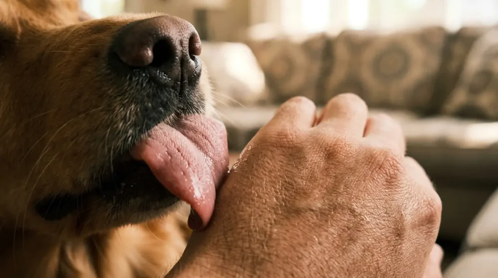Detalhe de cachorro lambendo a mão do tutor